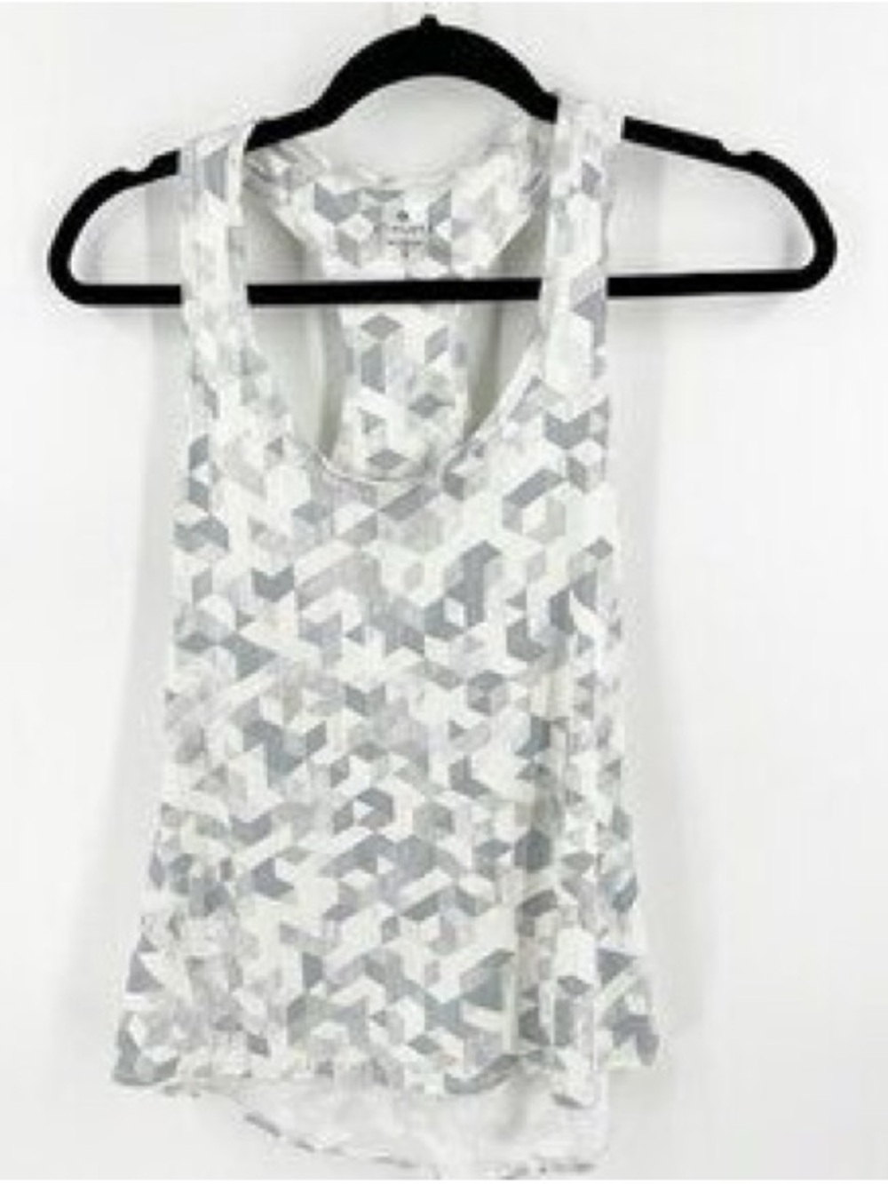 Athleta racerback tank top featuring a geometric grey and white print